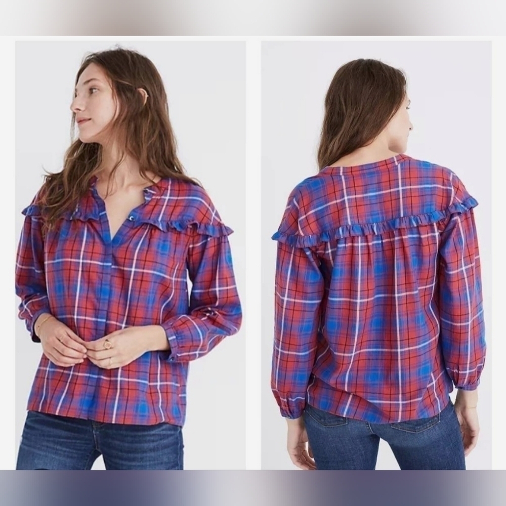 🔥Madewell Plaid Shirred Long Sleeve Button Down Ruffle Detail, Size M
